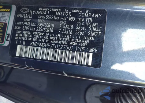 2015 Hyundai Santa Fe Gls из США, поврежденный, VIN KM8SMDHF7FU127502